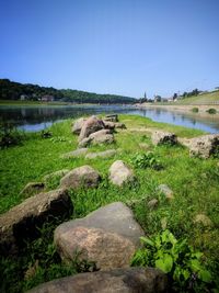 Scenic view of lake against clear sky