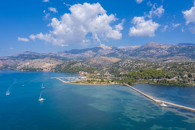 Aerial view of swimming pool by sea against sky