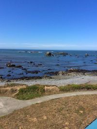 Scenic view of sea against clear blue sky