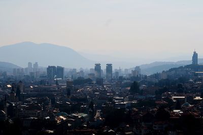 High angle view of buildings in city