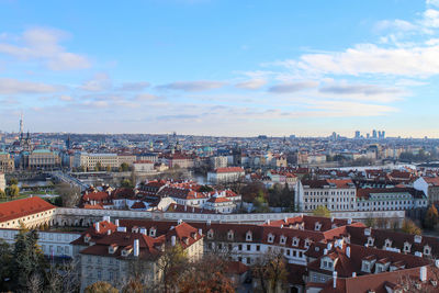 High angle shot of townscape against sky