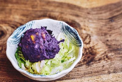 High angle view of food in plate on table