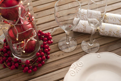 High angle view of christmas decorations on table