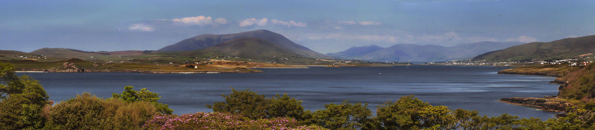 Scenic view of lake and mountains against sky