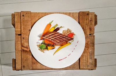 High angle view of food in plate on table