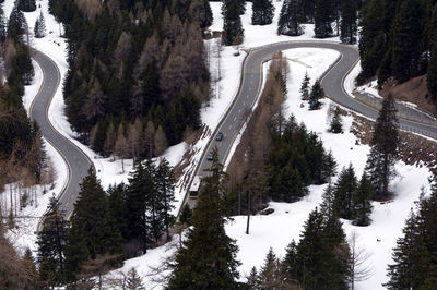 High angle view of road amidst trees during winter