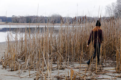 Rear view of man standing by lake against sky