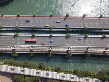 High angle view of cars on bridges over river