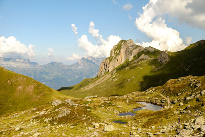 Scenic view of mountains against cloudy sky