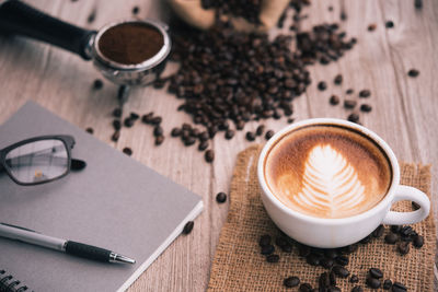 High angle view of coffee on table