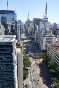 High angle view of buildings against sky