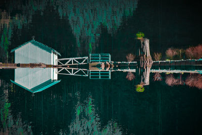 Reflection of trees in lake at night