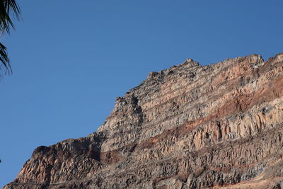 Low angle view of rocky mountain against clear blue sky