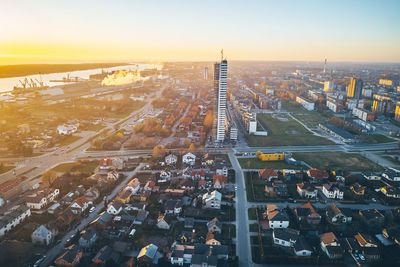 High angle view of city street during sunset