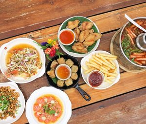 High angle view of food served on table