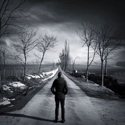 Rear view of man standing on country road