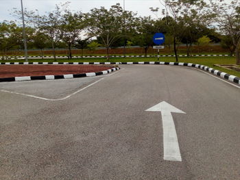 Arrow sign on road by trees