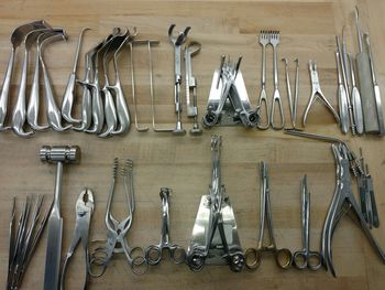 Directly above view of hand tools on table