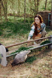 Smiling woman feeding chickens in farm