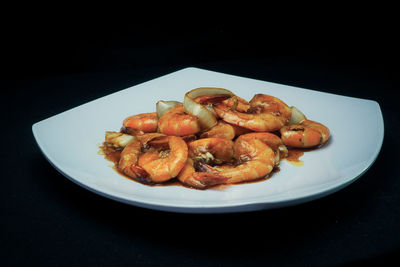 High angle view of food in plate on table