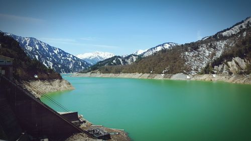 Scenic view of lake and snowcapped mountains against sky