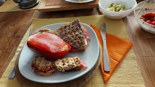 Close-up of food on table. vegetarian meal with fish.