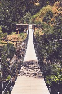 High angle view of footbridge amidst trees in forest