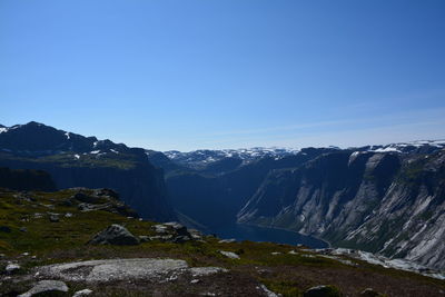 Scenic view of mountains against clear blue sky