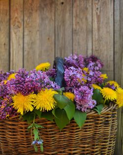 Close-up of fresh purple flowers in basket