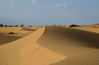 Sand dunes in desert against sky