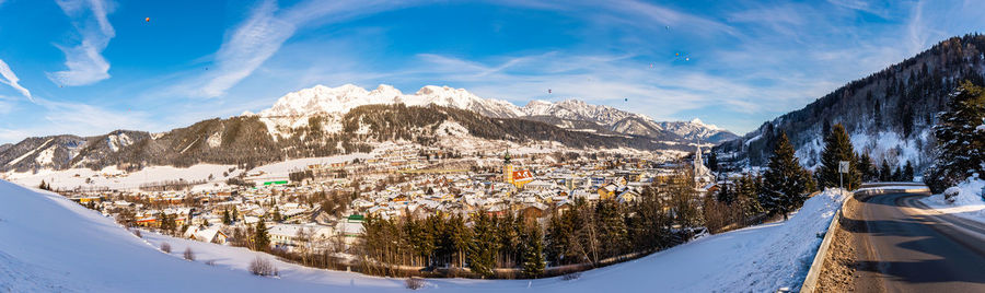 Panoramic view of snowcapped mountains against sky