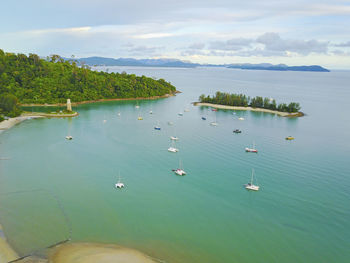 High angle view of boats in sea