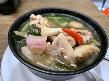 High angle view of soup in bowl on table