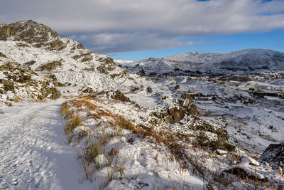 Snow covered landscape against sky