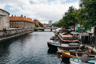 Scenic view of canal with boats by buildings at copenhagen