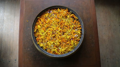 High angle view of rice in bowl on table