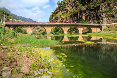 Arch bridge over river against mountains