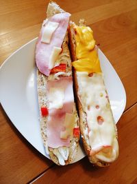 High angle view of breakfast served on table