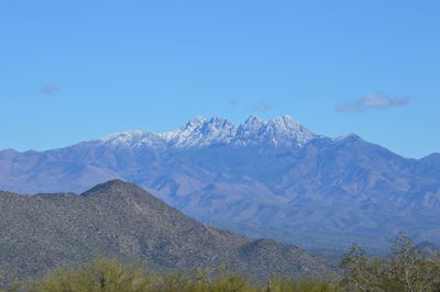 Scenic view of snowcapped mountains against clear blue sky