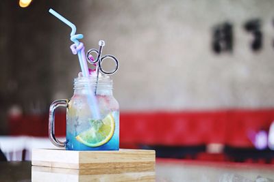 Close-up of drink in mason jar on table