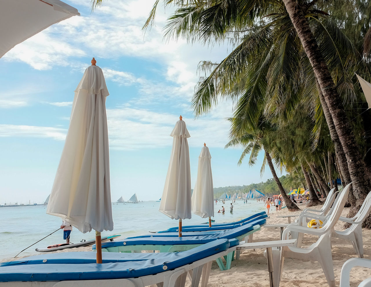 water, tree, sky, sea, beach, palm tree, nature, tropical climate, nautical vessel, day, land, plant, cloud - sky, transportation, horizon over water, parasol, mode of transportation, no people, hammock, outdoors, swimming pool, sailboat