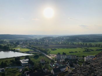 High angle view of buildings in city against sky