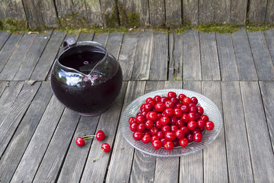 High angle view of strawberries on table