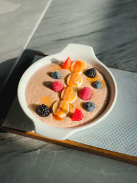 High angle view of breakfast served on table