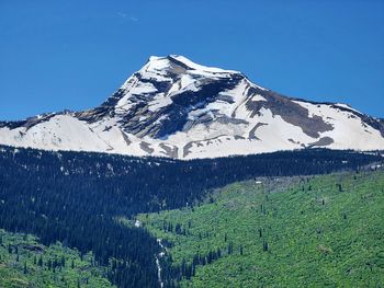 Scenic view of snowcapped mountains against clear blue sky