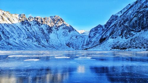 Scenic view of lake and snowcapped mountains against blue sky