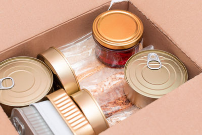 High angle view of containers on table