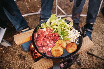 High angle view of man preparing food