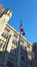 Low angle view of buildings against clear blue sky