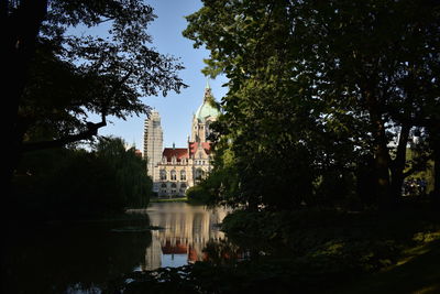 Trees by lake against buildings in city